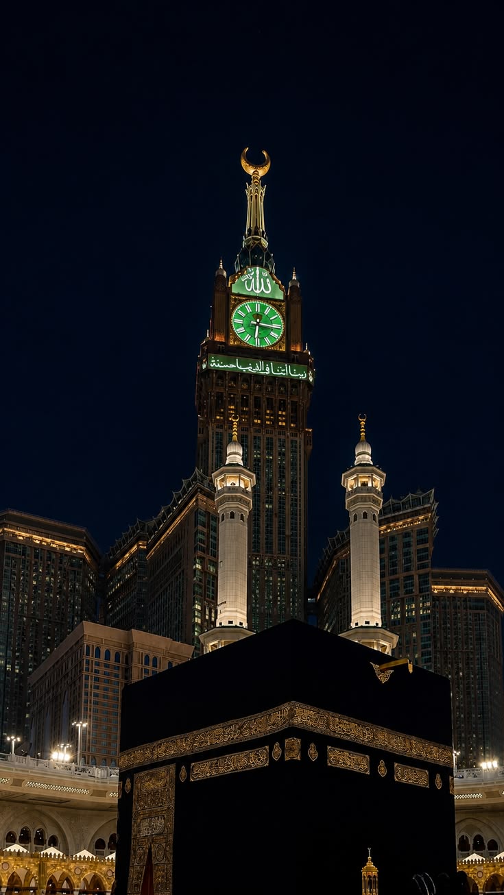 Kaaba & Clock Tower at Night - Islam metal wall art plate