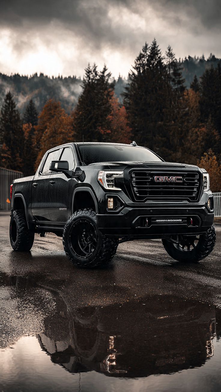 Black GMC Sierra – Mountain Reflection - Automotive metal wall art plate