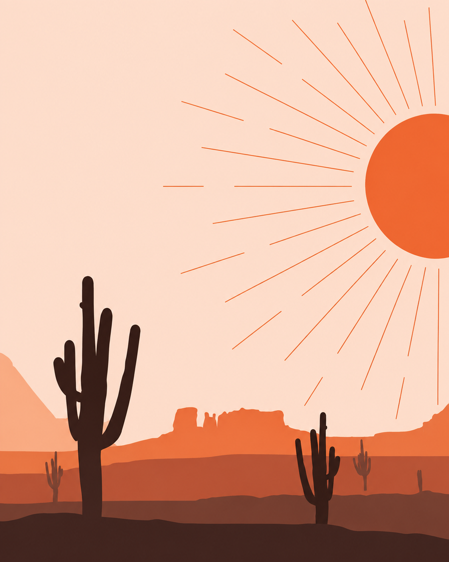 Minimalist desert landscape art print featuring saguaro cacti, rock formations, and a large orange sun in a warm peach and terracotta palette.