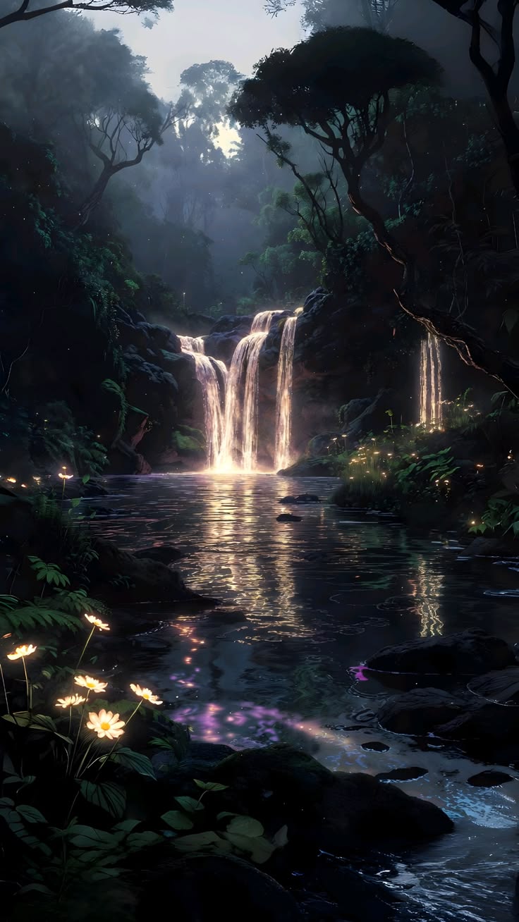 Moonlit Forest Falls - Fantasy metal wall art plate