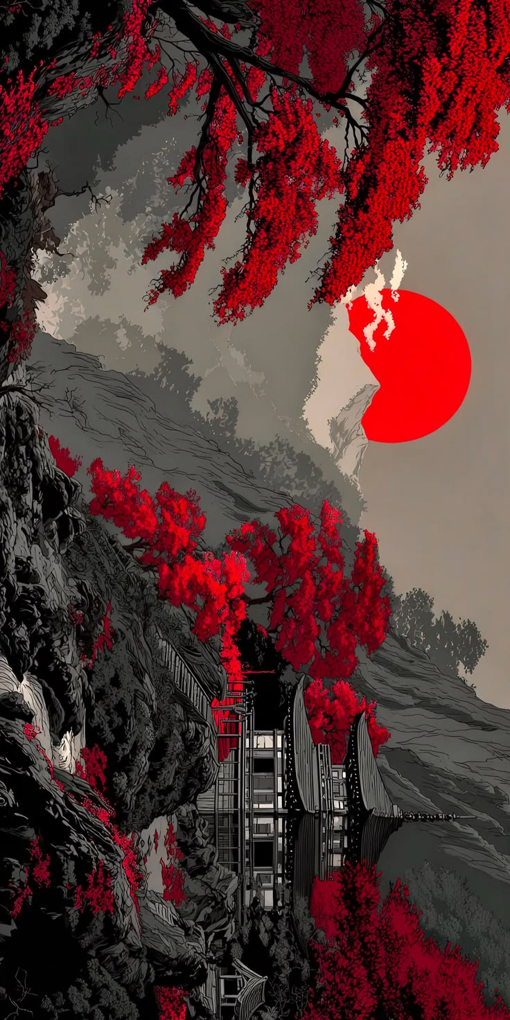 Crimson Sun Citadel - Fantasy metal wall art plate