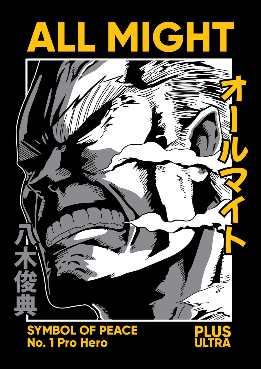 All Might – In White - all Might in heavy black and white line, titled Symbol of Peace, on a metal wall art plate