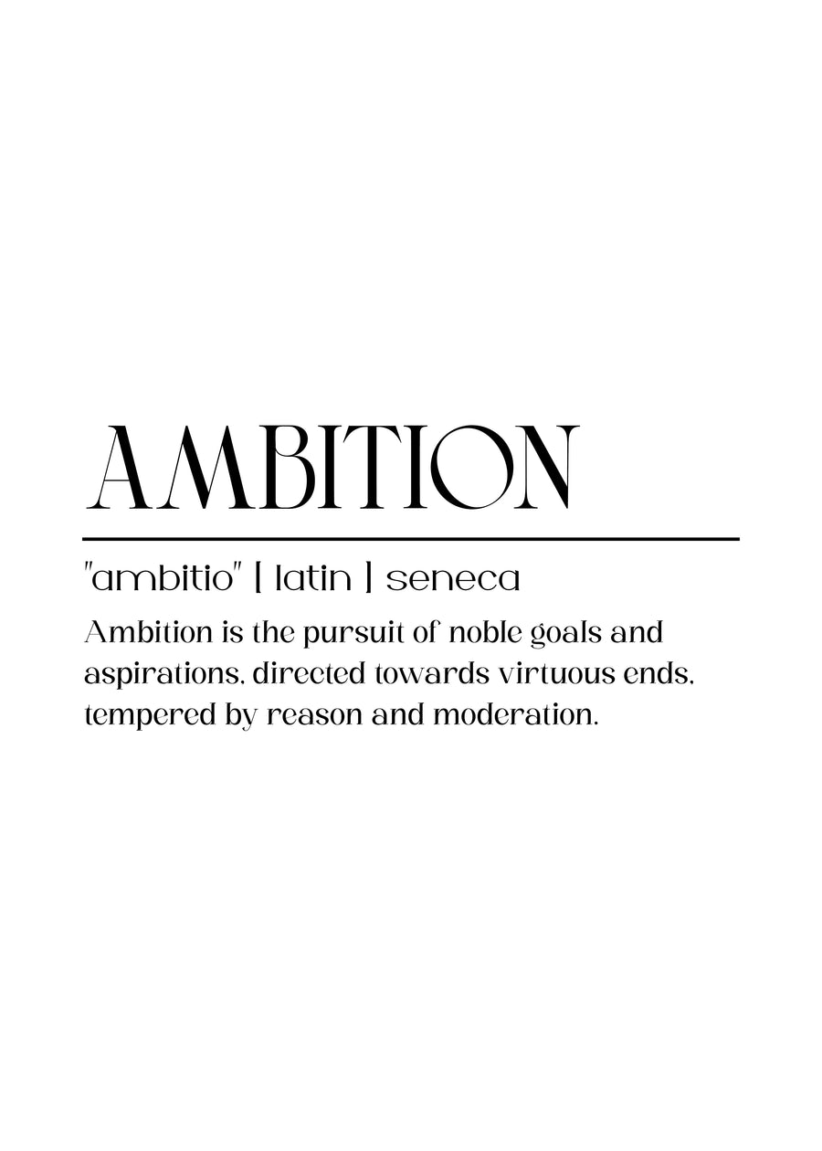 Ambition – Definition - aMBITION, set out as a dictionary entry: "ambitio" | latin | seneca, on a metal wall art plate