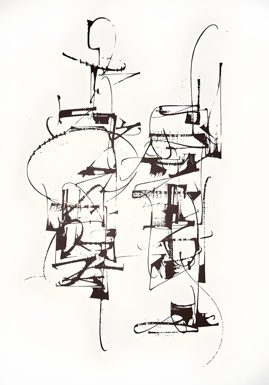 Angular Marks - angular black marks and half-formed letters scattered over white, on a metal wall art plate