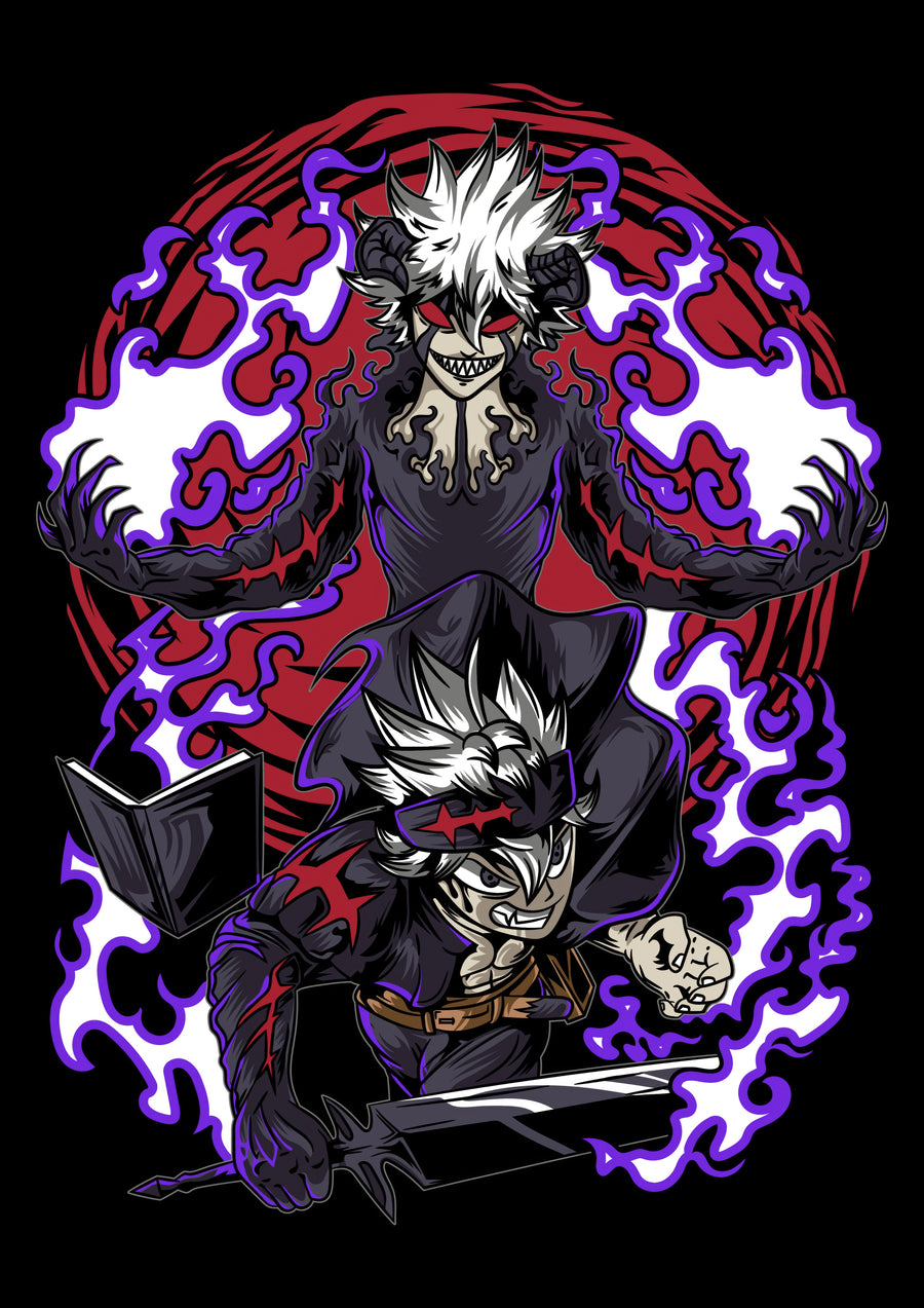 Asta – Grimoire - asta in demon form with violet fire and his grimoire open, on a metal wall art plate