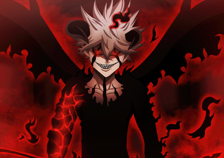 Asta – Grinning - asta in demon form grinning out of deep red, on a metal wall art plate
