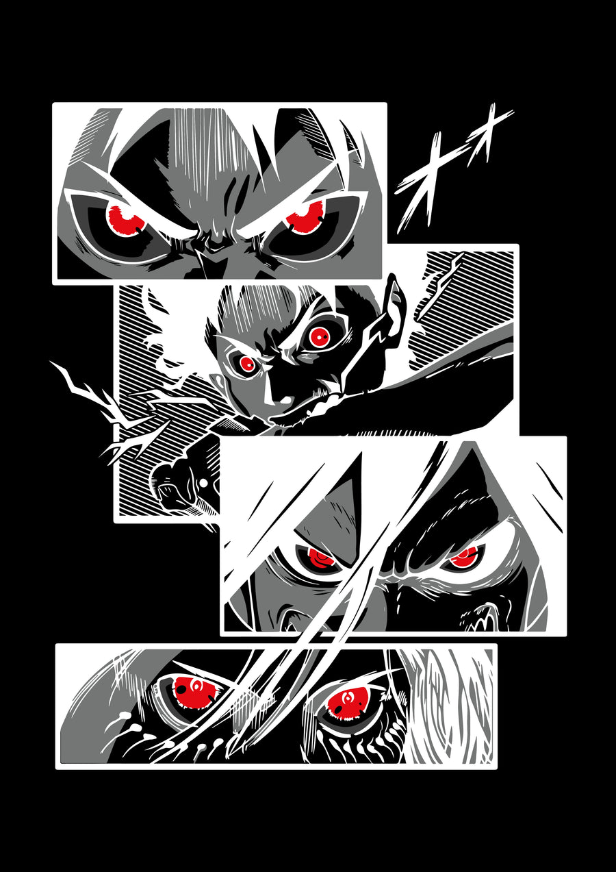 Asta – Manga Panel - red eyes staring out of stacked monochrome manga panels, on a metal wall art plate