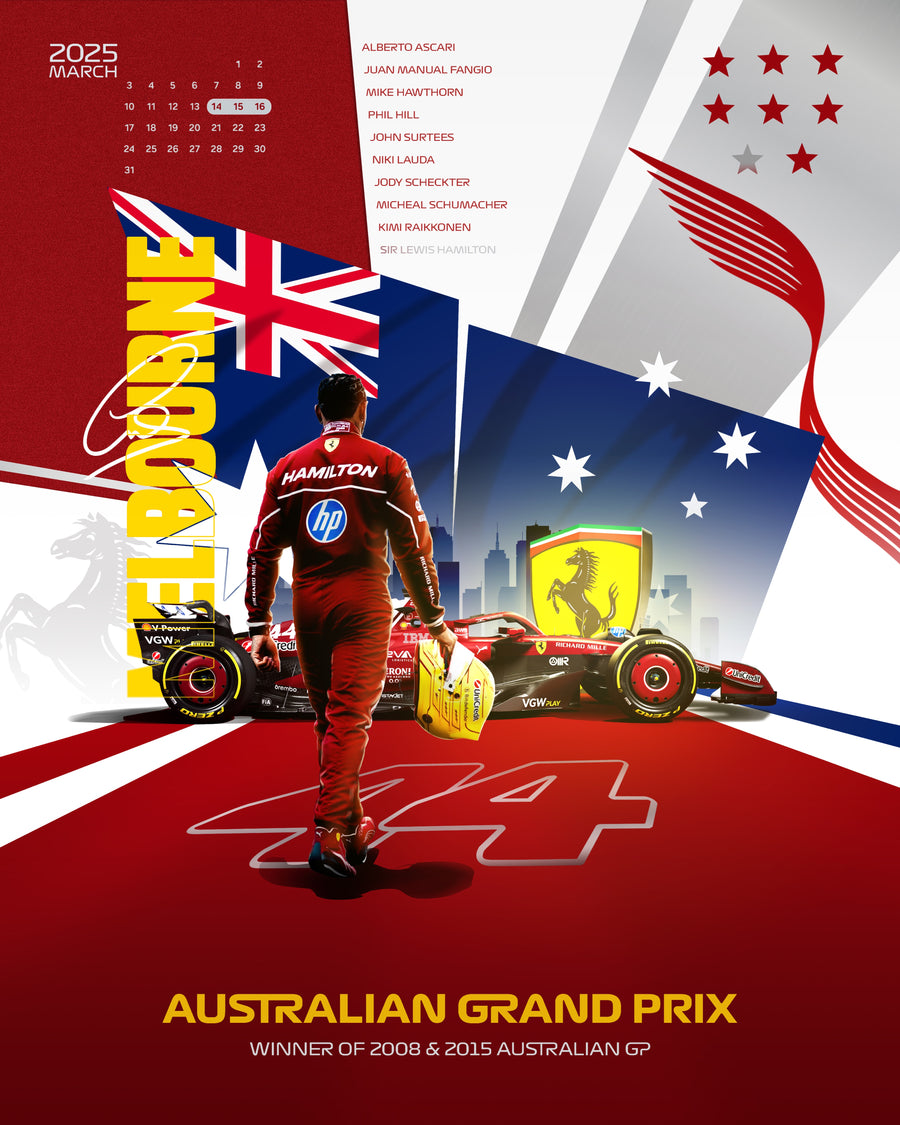 Australian Grand Prix 2025 – Melbourne - an illustrated race poster for the Australian Grand Prix Melbourne 2025, Ferrari — drawn in, on a metal wall art plate