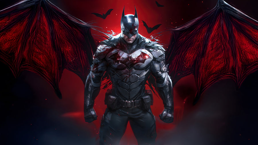 Batman – Red Wings - the armoured suit centre frame with enormous red wings spread behind it, on a metal wall art plate