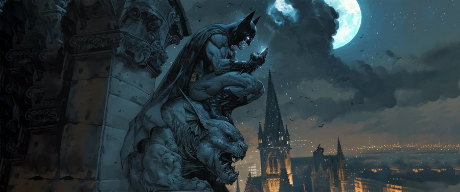 Batman – The Gargoyle - the caped figure perched with a gargoyle above the cathedral, moon behind, on a metal wall art plate