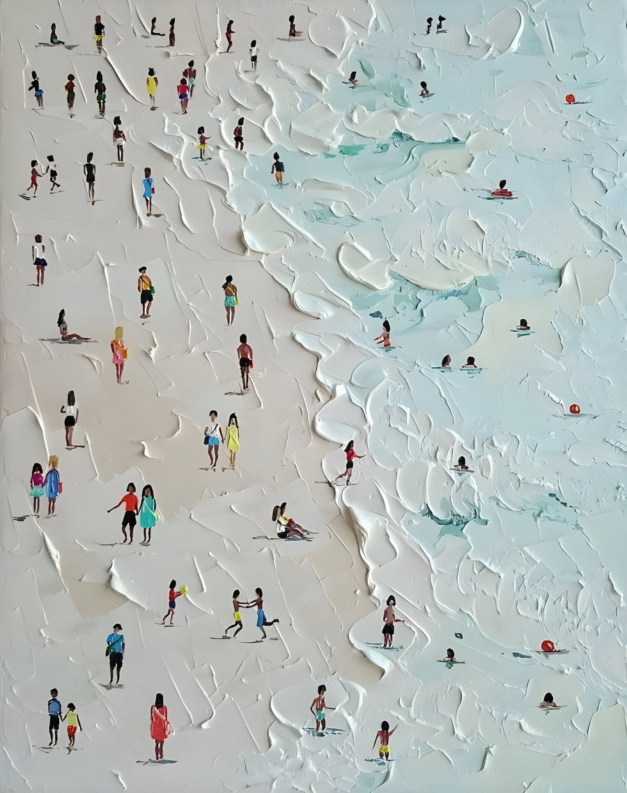 Beach From Above - a beach seen from high up, the sand laid on thick and the bathers picked out in colour, on a metal wall art plate