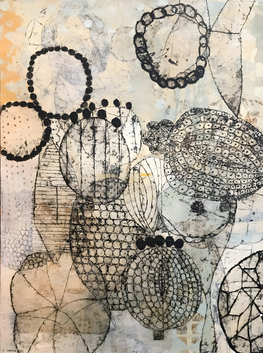 Beads and Shells - collaged circles, beads and shell-like ovals in warm neutrals, stitched together with fine line, on a metal wall art plate