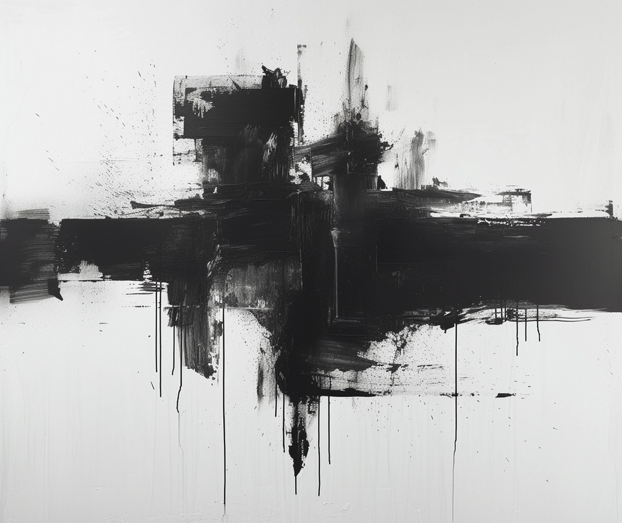 Black Cross - a broad black cross of brushwork over white, drips running from the join, on a metal wall art plate