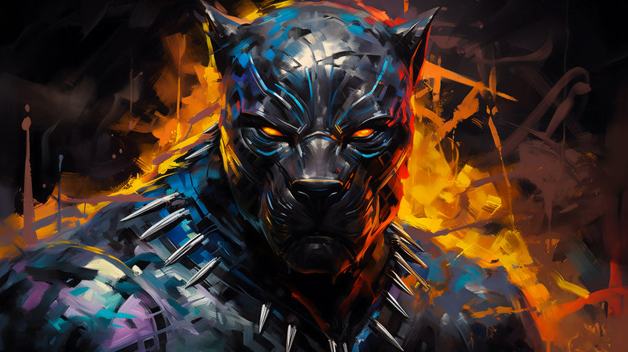 Black Panther – The Mask - the mask alone, catching gold and blue light out of the dark, on a metal wall art plate