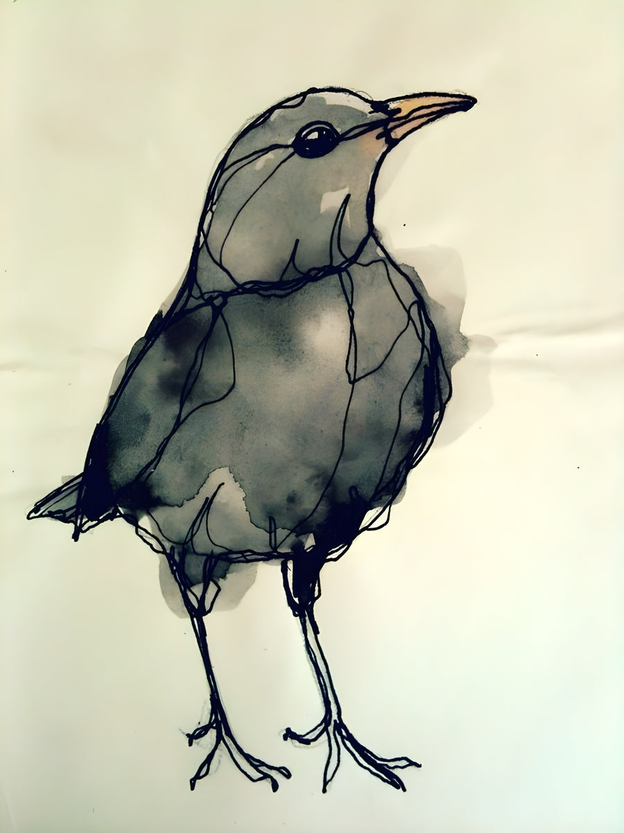 Blackbird - a blackbird in ink and watercolour, drawn with a wandering line, on a metal wall art plate