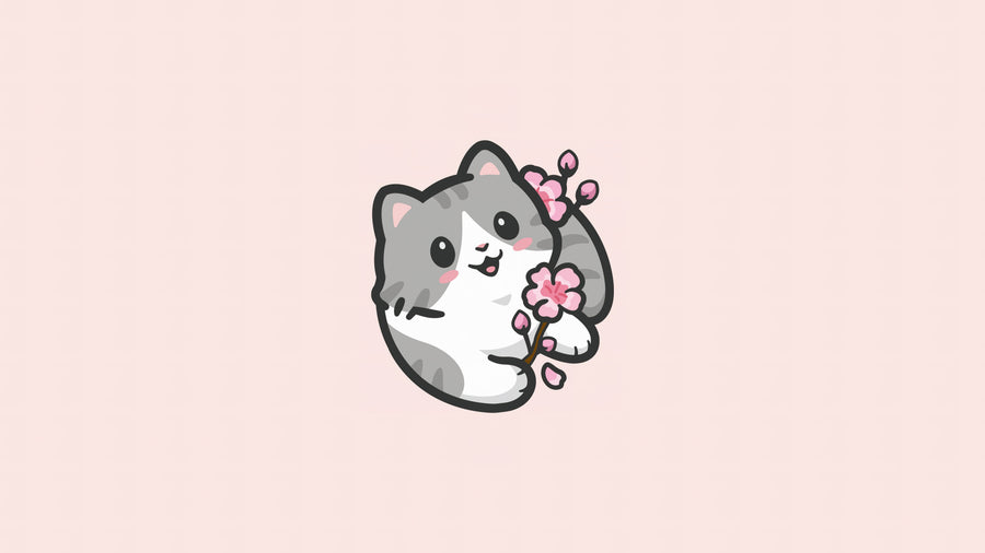 Blossom Kitten - a small grey and white kitten holding a cherry blossom sprig, on a metal wall art plate