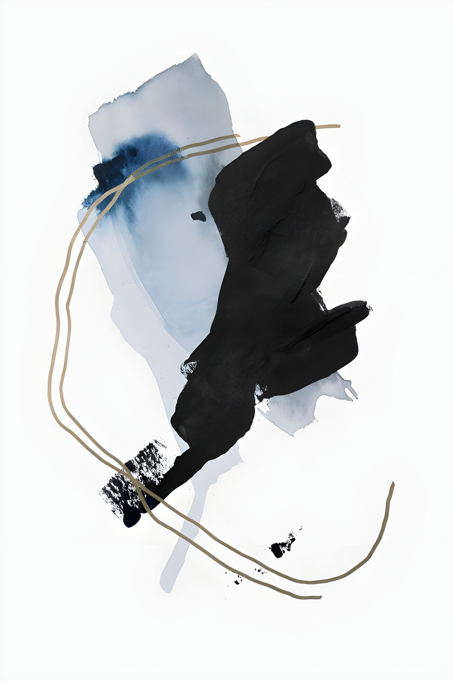 Blue and Gold Gesture - one black brush gesture over a blue wash, with two thin gold lines drawn round it, on a metal wall art plate