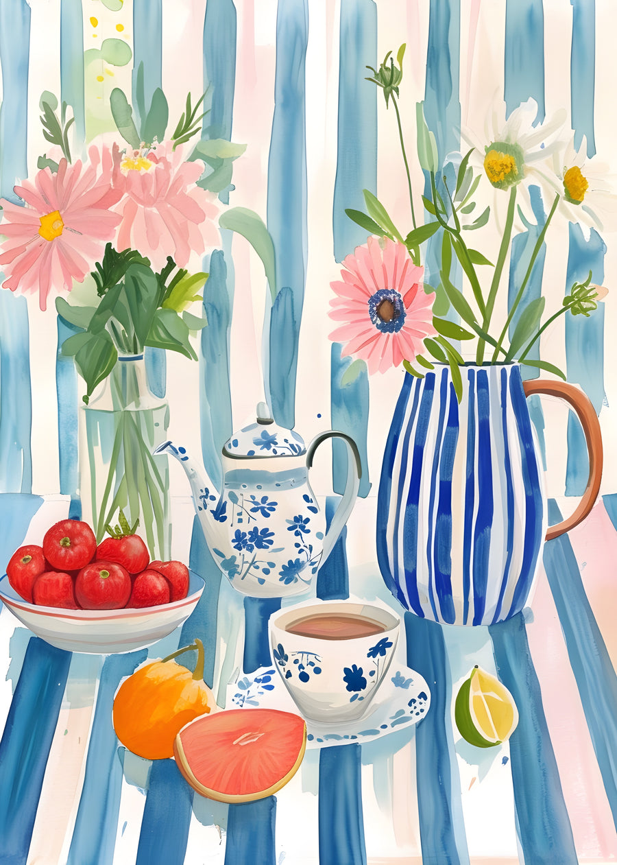 Blue Stripe Still Life - fresh flowers, fruit, patterned ceramics and a warm cup are arranged over expressive blue and blush stripes