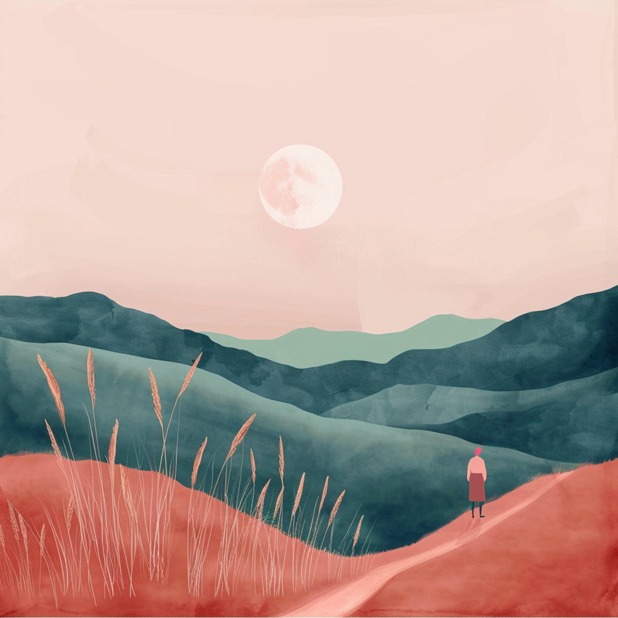 Blush Mountain Walk - a solitary figure follows a coral path through layered teal hills beneath a pale blush moon, on a metal wall art plate