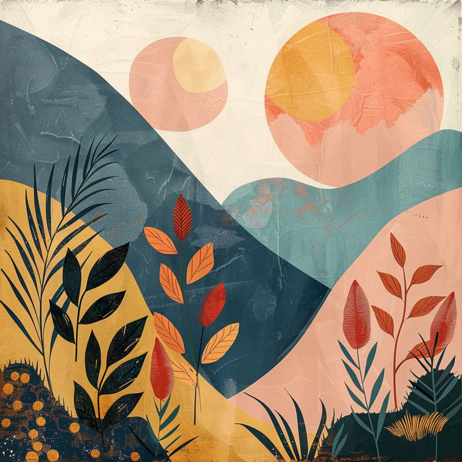 Botanical Planet Hills - bold navy and mustard hills, coral botanical forms and oversized painterly planets create a rich layered retro landscape