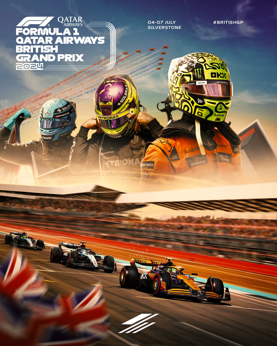British Grand Prix 2024 – Silverstone - an illustrated race poster for the British Grand Prix 2024 — drawn in the graphic, flat-colour, on a metal wall art plate