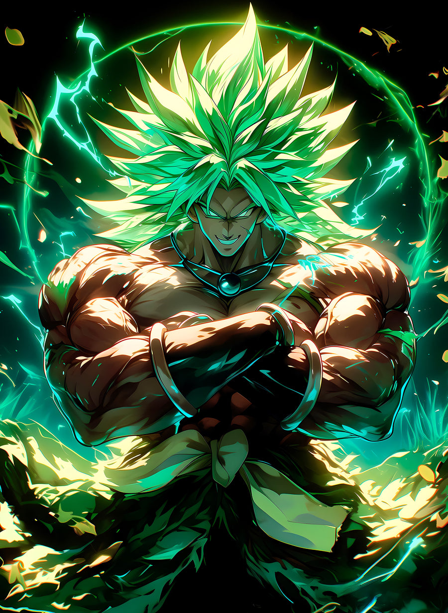 Broly – In Green - broly powering up in green light, arms braced, on a metal wall art plate
