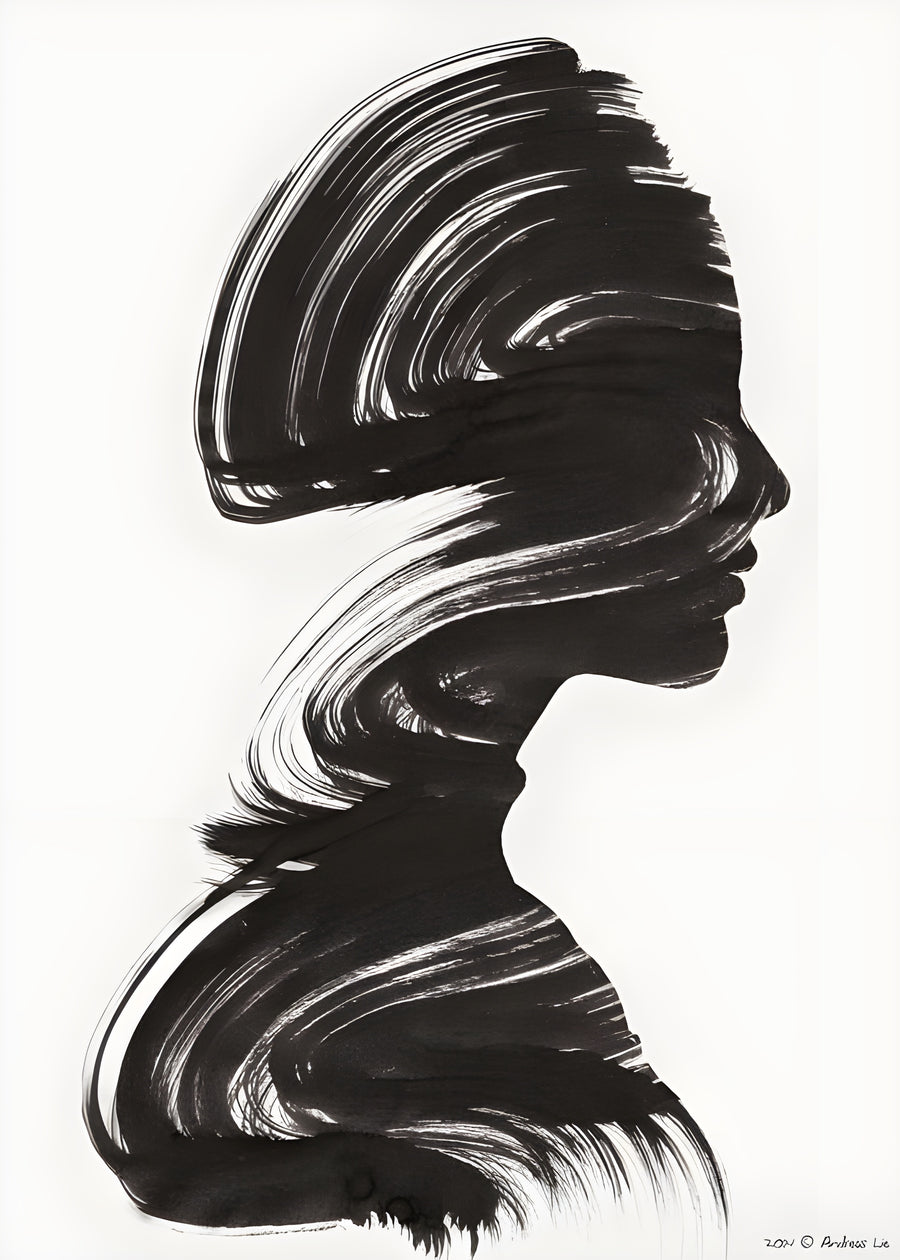 Brushed Hair - a profile whose hair is one sweeping brushstroke, curling right round the face, on a metal wall art plate