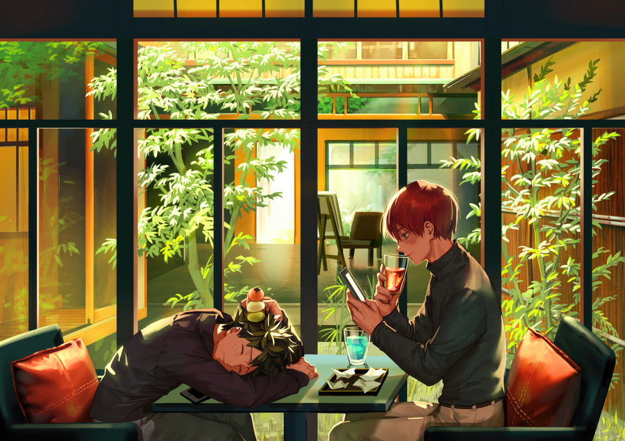 Café Scene – In Green - two figures talking in a glass-walled café, greenery outside, on a metal wall art plate