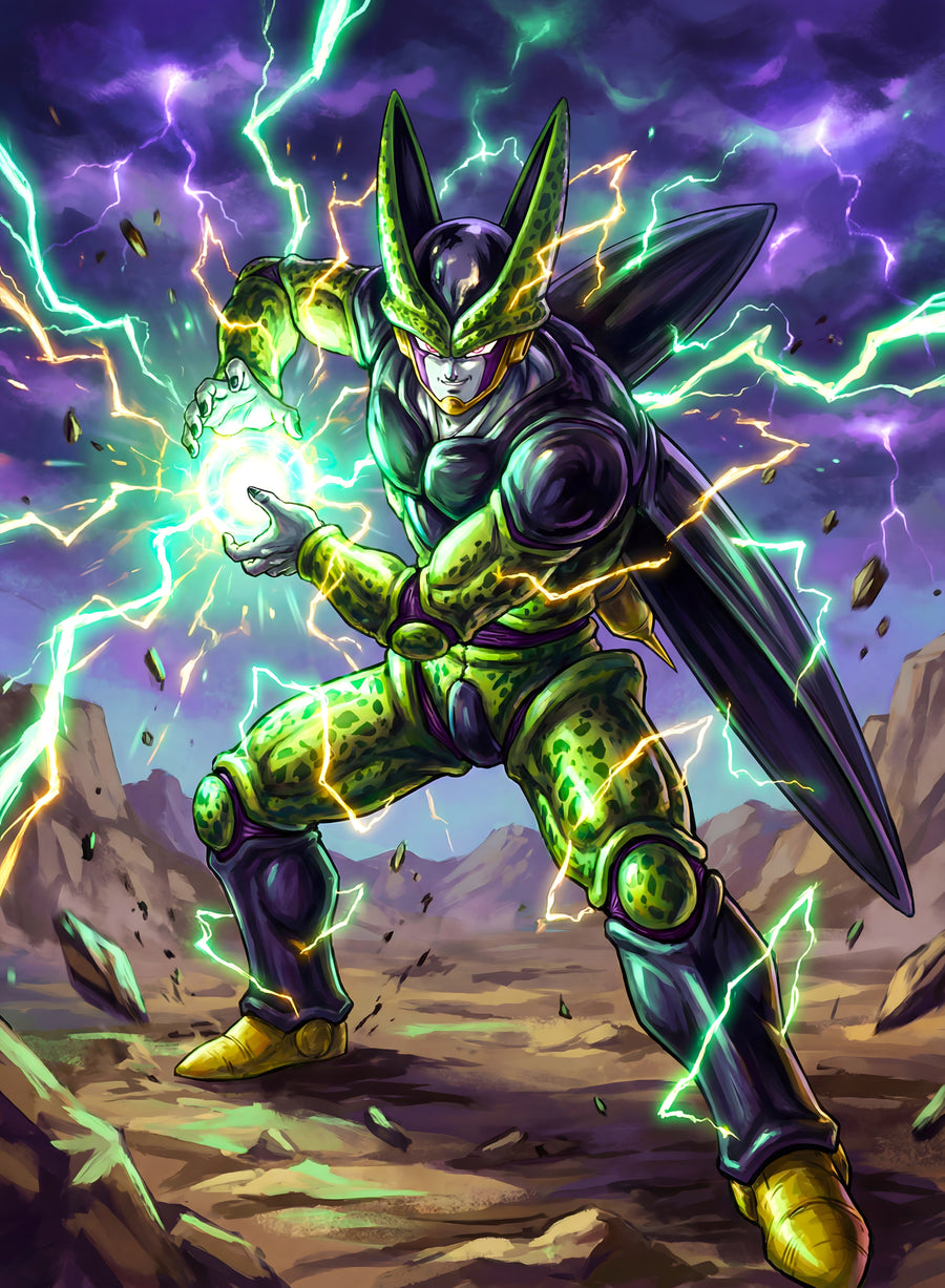 Cell – Lightning - cell braced in his perfect form under green lightning, on a metal wall art plate