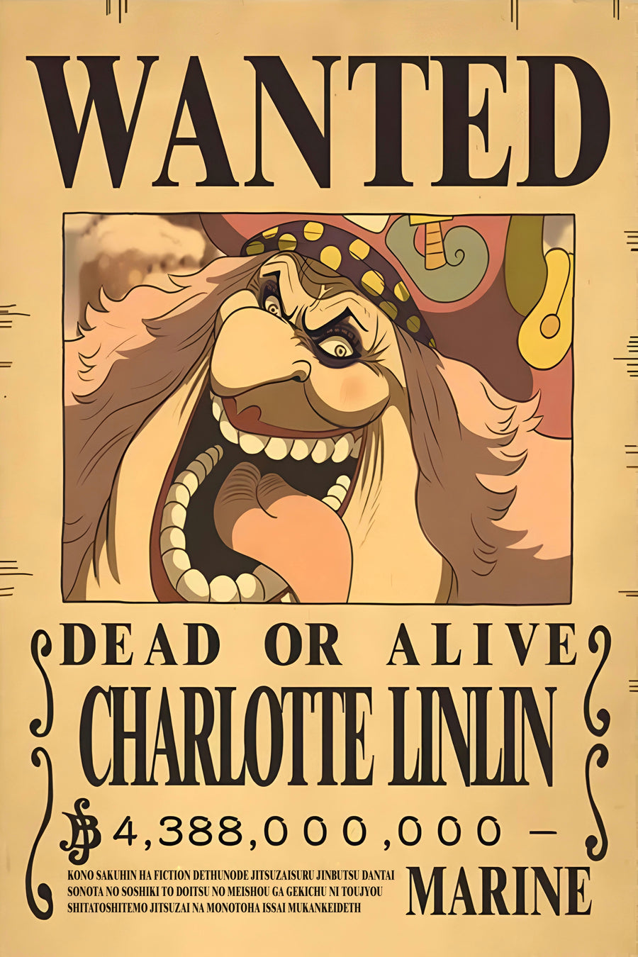 Charlotte Linlin – Bounty Poster - a bounty poster for Charlotte Linlin, 4,388,000,000 berries, on a metal wall art plate