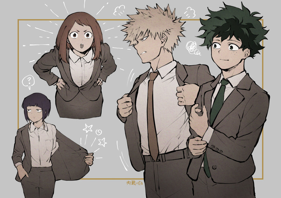 Class 1-A – Panel - uraraka, Bakugo and Deku in suits, comic and unimpressed, on a metal wall art plate
