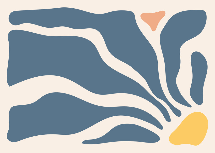 Coastal Flow - muted blue organic forms stretch across a warm cream field with small peach and yellow accents, on a metal wall art plate