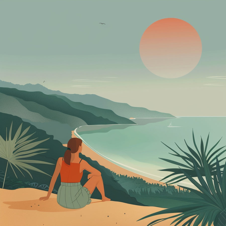 Coastal Sunset View - a seated figure overlooks a sweeping green coastline and calm sea beneath a large peach sun, on a metal wall art plate