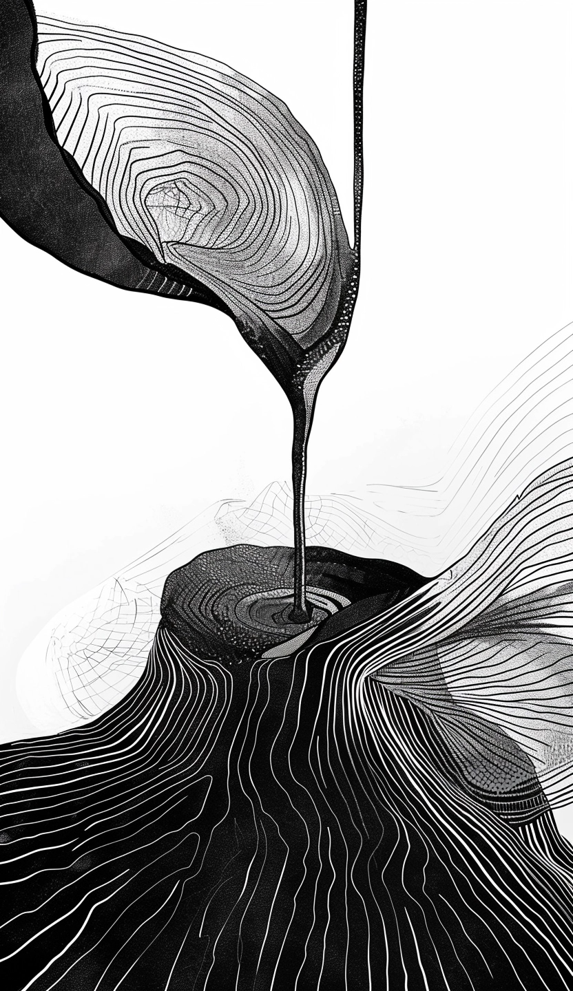 Contour Pour - intricate black contour lines pour from one organic form into another across a bright white field, on a metal wall art plate