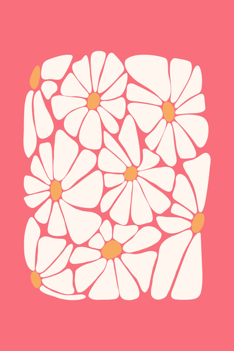 Coral Daisies - large cream daisies with warm golden centres overlap across a vivid coral-pink ground, on a metal wall art plate