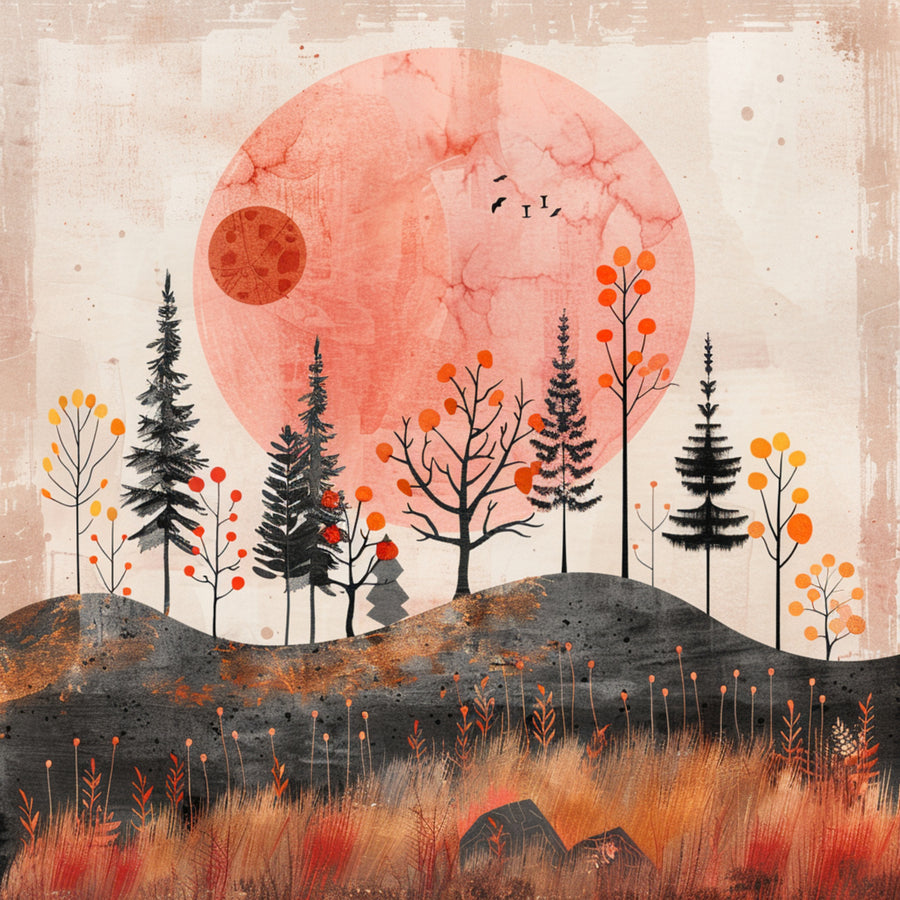 Coral Moon Forest - dark trees and glowing orange foliage rise across textured charcoal hills beneath an enormous coral moon, on a metal wall art plate