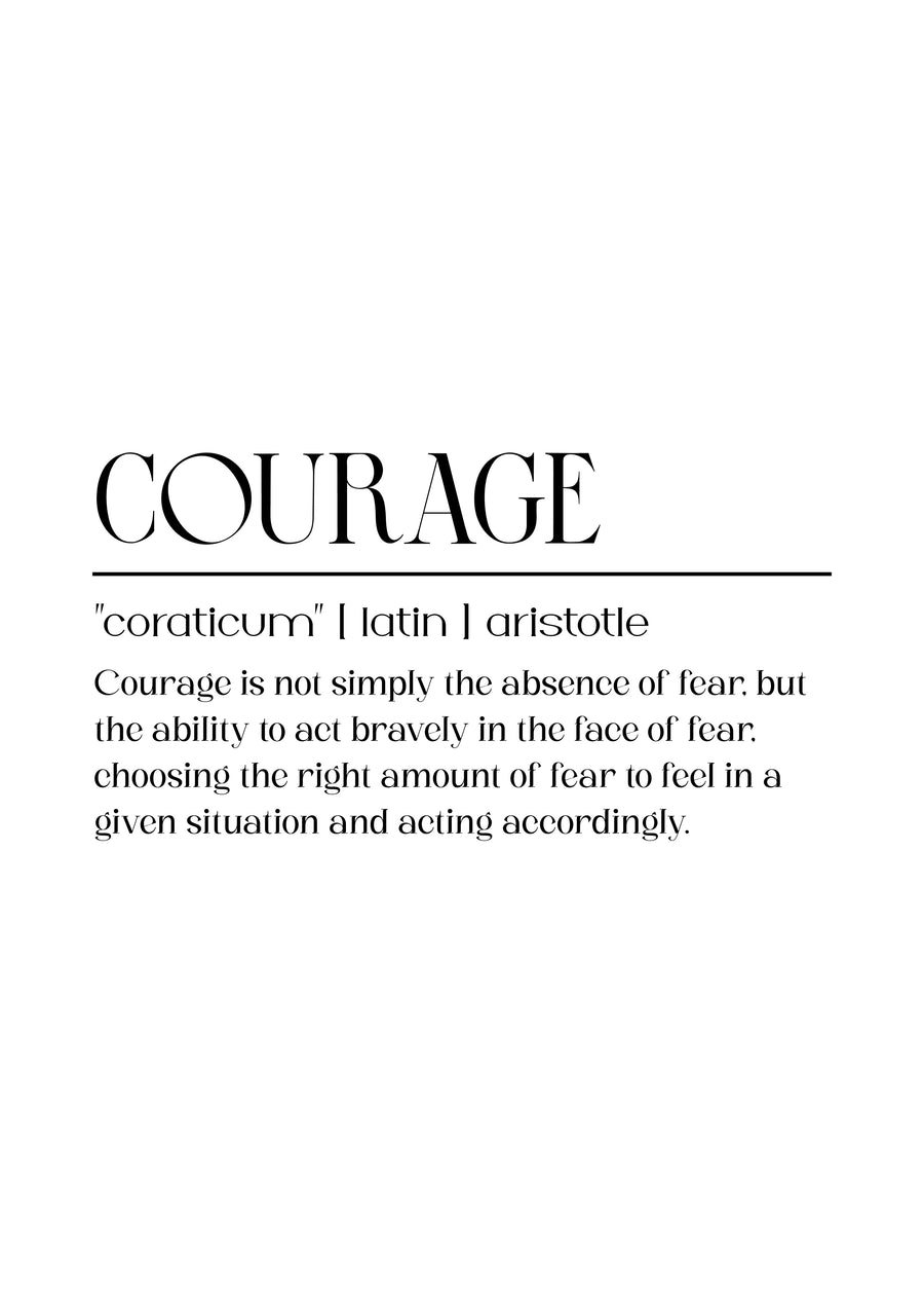 Courage – Definition - cOURAGE, set out as a dictionary entry: "coraticum" | latin | aristotle, on a metal wall art plate