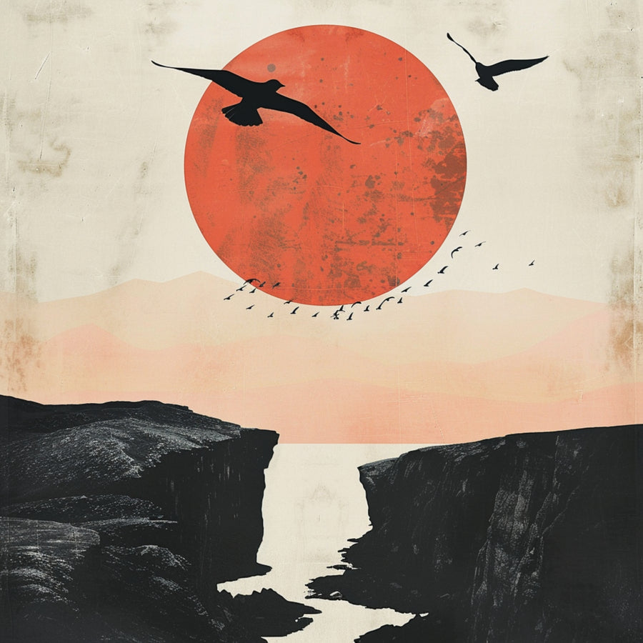 Crimson Sun Cliffs - a huge textured crimson sun hangs over pale layered mountains and deep black cliffs as silhouetted birds cross the sky
