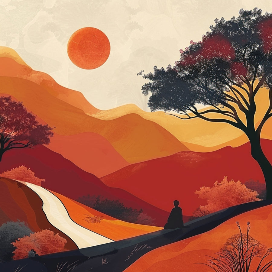 Crimson Valley - deep red and amber hills roll away beneath a burning orange sun as a small figure rests beside a winding path, on a metal wall art plate