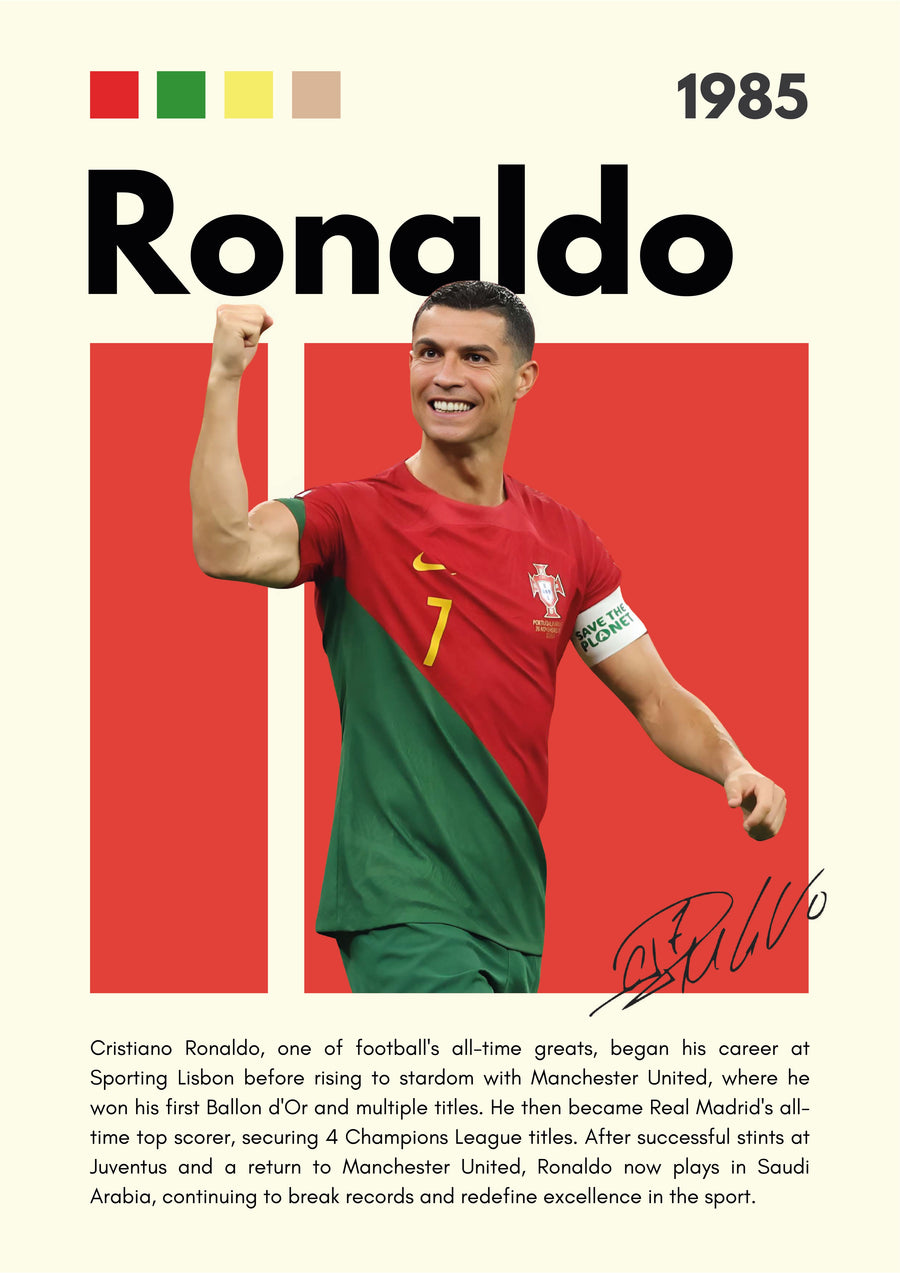 Cristiano Ronaldo – Career Poster - the celebration in red and green, name set large above and the career written underneath, on a metal wall art plate