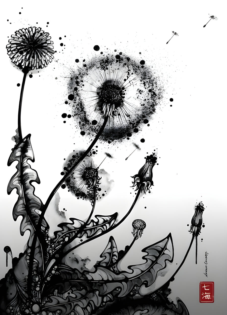 Dandelions - dandelion heads in ink, seeds breaking away, with a red seal at the foot, on a metal wall art plate