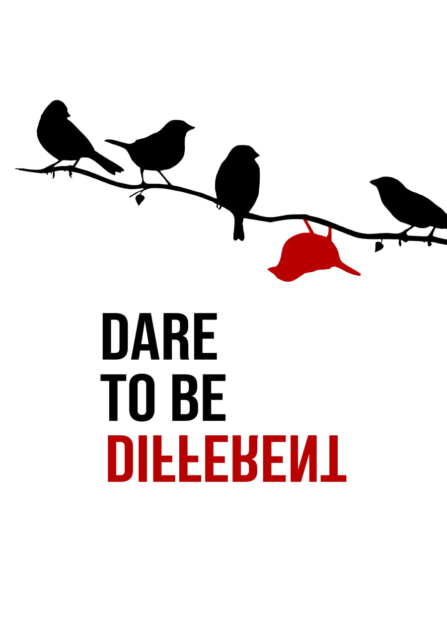 Dare To Be Different - “Dare to be different” — birds on a wire, one red and upside down, with DIFFERENT set, on a metal wall art plate