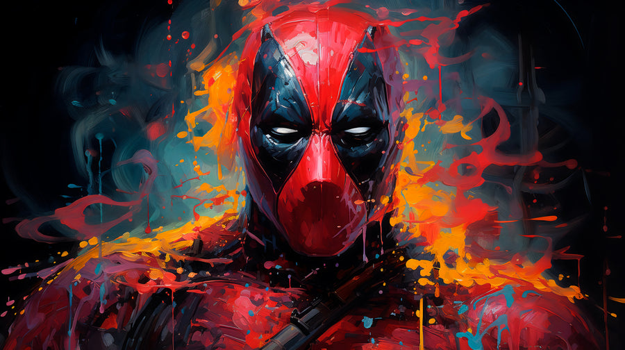 Deadpool – Paint Splash - the red mask dead centre, paint flung around it in red and teal, on a metal wall art plate