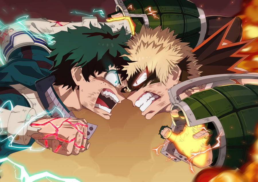 Deku and Bakugo – Mid Fight - deku and Bakugo nose to nose mid-fight, both quirks firing, on a metal wall art plate