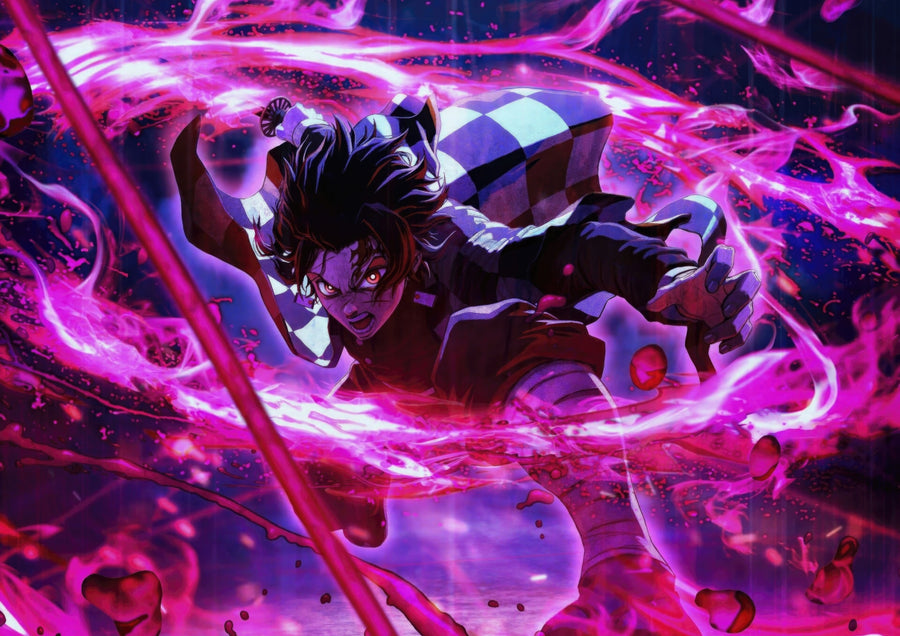 Demon – In Violet - a figure wreathed in magenta and violet energy, blade drawn, on a metal wall art plate
