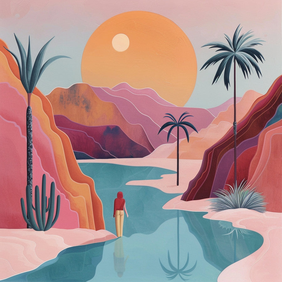 Desert Lagoon - pink, coral and plum desert cliffs surround a calm turquoise lagoon beneath a glowing orange sun