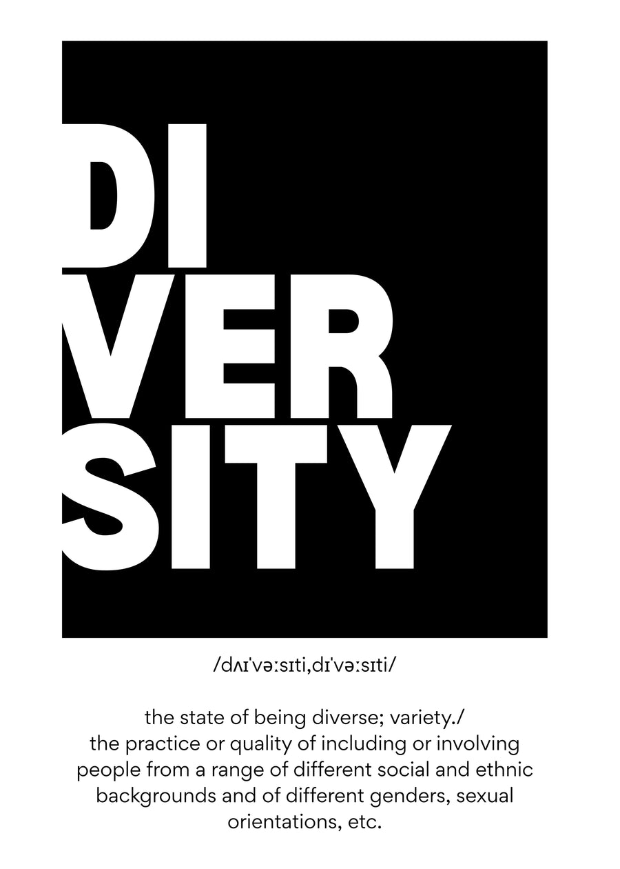 Diversity – Definition - dIVERSITY reversed out of a black square, with the phonetic spelling /daɪˈvɜːsɪti/ and the, on a metal wall art plate