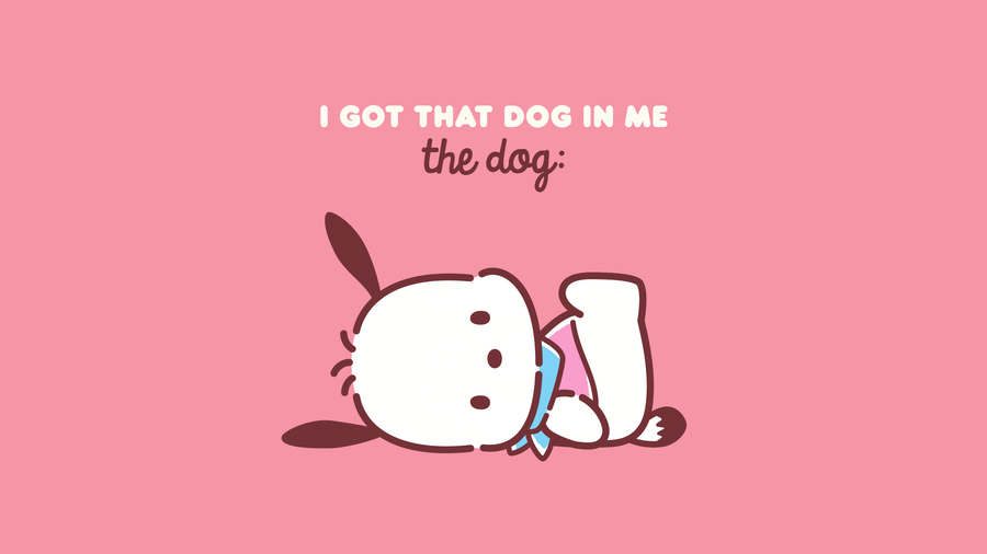 Dog In Me – Pink - a small white character sprawled on flat pink under the same line, on a metal wall art plate
