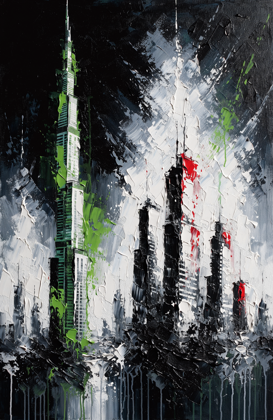 The Dubai skyline is laid down in thick palette-knife strokes, the national colours running down the canvas beneath it