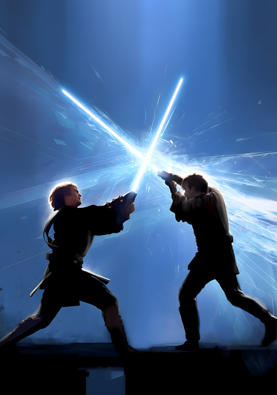 Duel in Blue - two figures clashing in a burst of blue light, both blades up, on a metal wall art plate